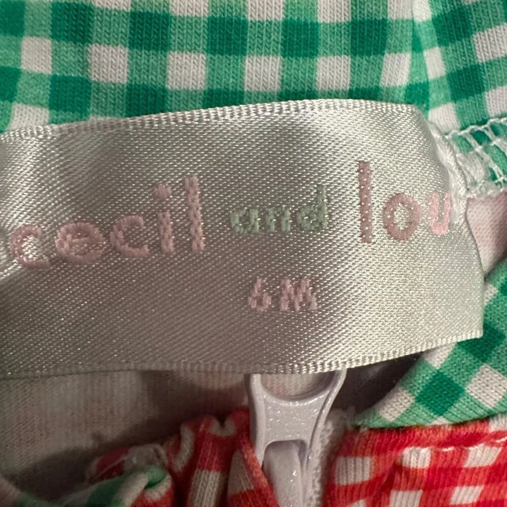 CECIL AND LOU 6 MONTH RED AND GREEN CHRISTMAS SLEEPER ONE PIECE MONOGRAMED T